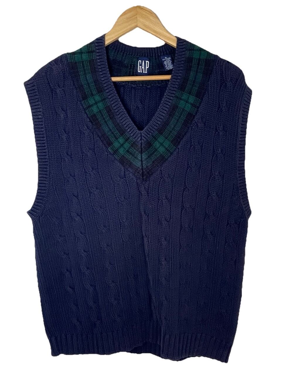 VTG 80s GAP Black Watch Plaid Blue Cable Knit V Neck Sweater Vest Preppy Golf XL